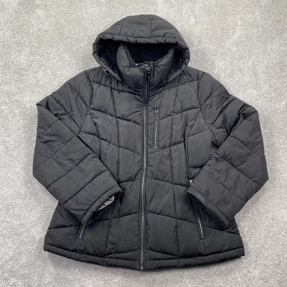 Calvin Klein Women's Hooded Faux Fur Lined Midi Puffer Jacket Size‎ XL Black